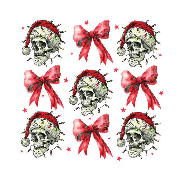 A festive pattern featuring whimsical skulls wearing Santa hats, adorned with colorful lights and vibrant red bows. dtf transfers