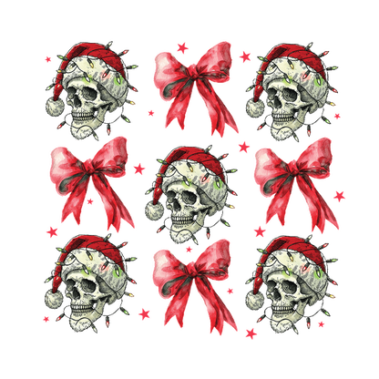 A festive pattern featuring whimsical skulls wearing Santa hats, adorned with colorful lights and vibrant red bows. dtf transfers