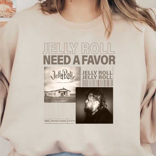 Introducing Jelly Roll's album "Need a Favor," featuring striking cover art of a rustic house and the artist's bold portrait.DTF Transfersdtf regular iron