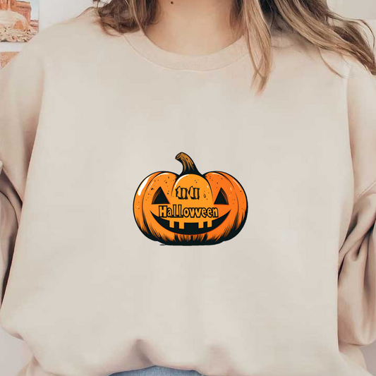 Una alegre calabaza tallada con una cara sonriente y la palabra "Halloween" escrita en un estilo llamativo, perfecta para una decoración festiva.