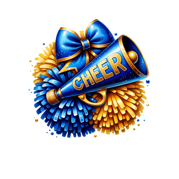 A vibrant cheerleading megaphone with a "CHEER" message, surrounded by blue and gold pom-poms and a decorative bow.DTF Transfers dtf transfers