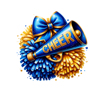 A vibrant cheerleading megaphone with a "CHEER" message, surrounded by blue and gold pom-poms and a decorative bow.DTF Transfers dtf transfers