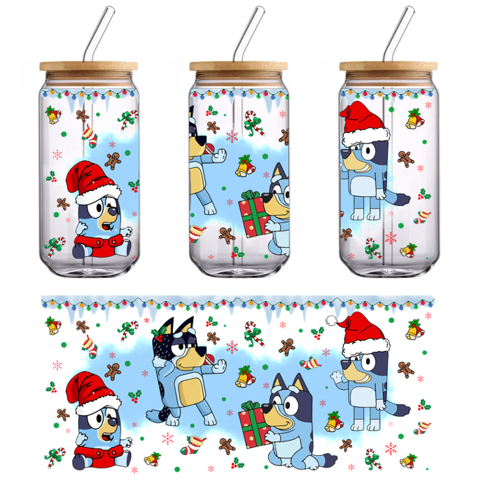 Celebrate the holiday season with these adorable cartoon puppies, all wearing festive Santa hats and surrounded by Christmas cheer!UV Transfers dtf transfers