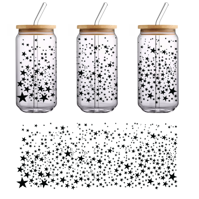 A black frame features a collection of black stars.UV Transfers