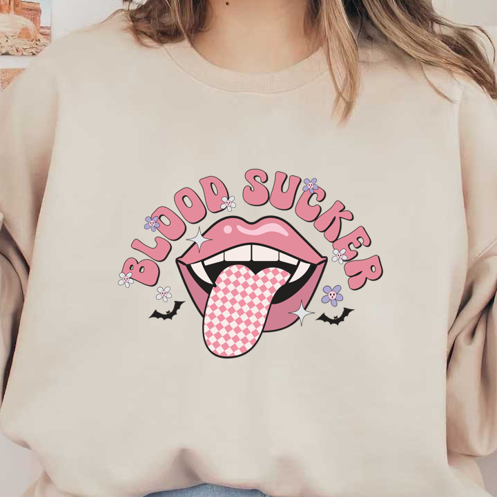 Playful and edgy graphic featuring pink lips and a cheeky "Blood Sucker" text, adorned with flowers and bats. dtf transfers