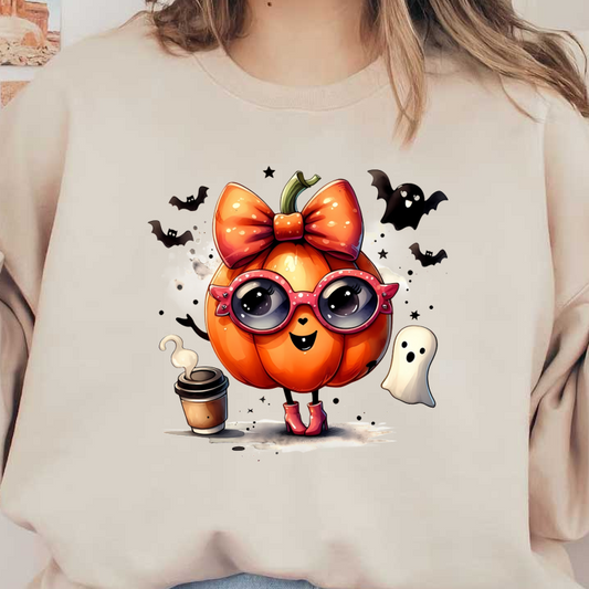 Este simpático personaje de dibujos animados de calabaza usa un moño y anteojos, está de pie junto a una taza de café y un fantasma.