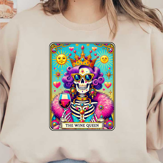 Una ilustración vibrante y caprichosa de "La Reina del Vino", que presenta un esqueleto coronado que sostiene una copa de vino, rodeado de motivos solares.