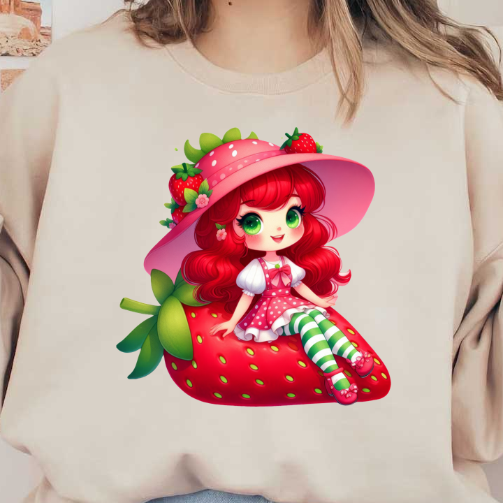 A whimsical cartoon character with red hair, wearing a pink hat adorned with strawberries, sitting on a large, vibrant strawberry.DTF Transfers