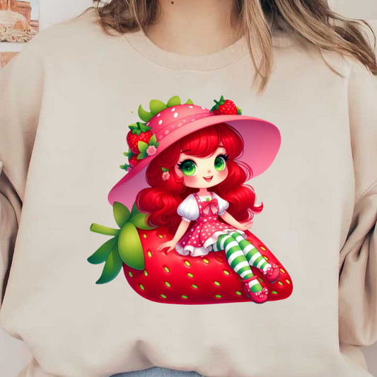 A whimsical cartoon character with red hair, wearing a pink hat adorned with strawberries, sitting on a large, vibrant strawberry.DTF Transfers