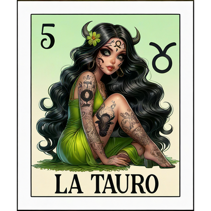 A stylish illustration featuring a tattooed woman in a flowing green dress, representing Taurus with elaborate details and vibrant hair. dtf prints