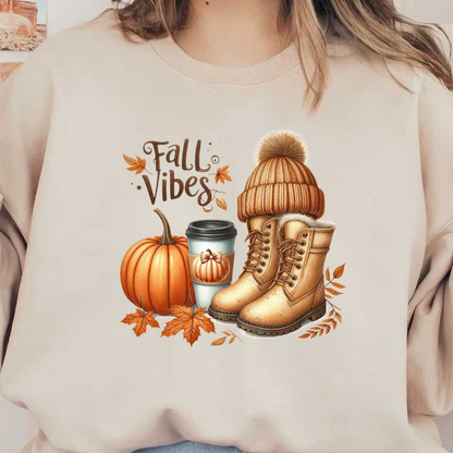 Disfrute del ambiente acogedor del otoño con una calabaza cálida, botas, un gorro tejido y una taza de café humeante.