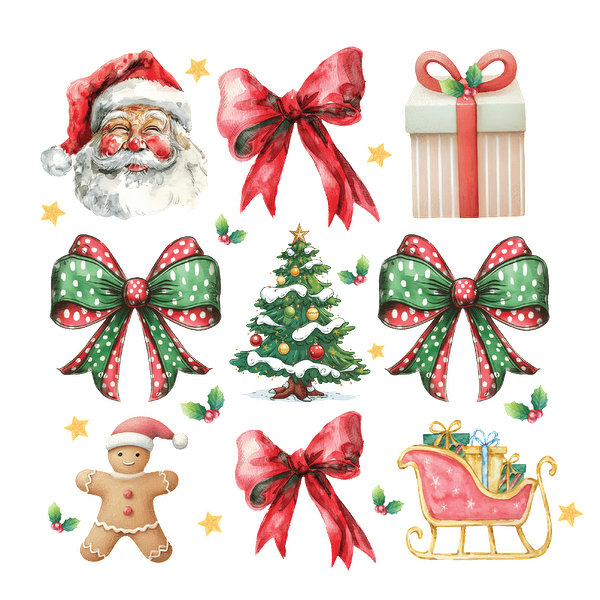 A charming collection of festive icons including Santa, a decorated Christmas tree, ribbons, a gingerbread man, and a sleigh. heat press transfers