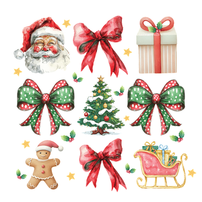 A charming collection of festive icons including Santa, a decorated Christmas tree, ribbons, a gingerbread man, and a sleigh. heat press transfers