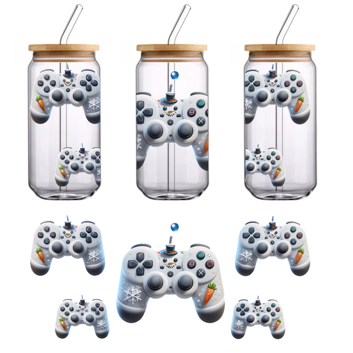 A playful set of white game controllers adorned with festive snowflakes and carrots, perfect for winter-themed gaming fun.UV Transfersdtf regular iron