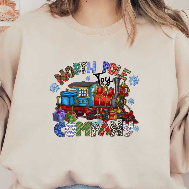 Dive into the festive spirit with this colorful illustration featuring a whimsical North Pole toy train surrounded by playful snowflakes and gifts!DTF Transfers dtf prints