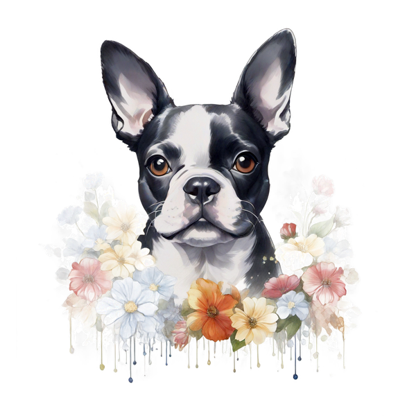 Una encantadora ilustración de un Boston Terrier rodeado de un vibrante ramo de flores coloridas.