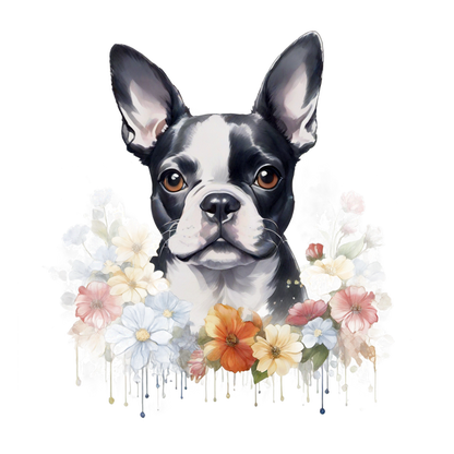 Una encantadora ilustración de un Boston Terrier rodeado de un vibrante ramo de flores coloridas.