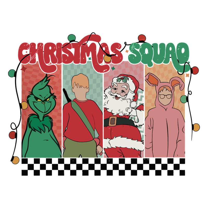 Celebrate the holiday spirit with the quirky "Christmas Squad," featuring iconic characters in festive attire and cheerful colors!DTF Transfers heat press transfersdtf regular iron