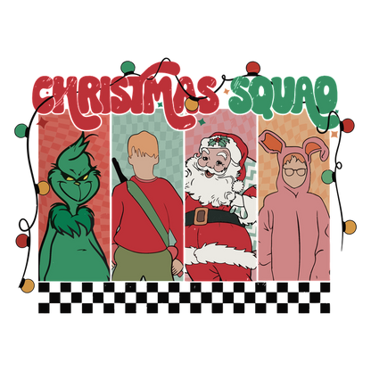 Celebrate the holiday spirit with the quirky "Christmas Squad," featuring iconic characters in festive attire and cheerful colors!DTF Transfers heat press transfersdtf regular iron