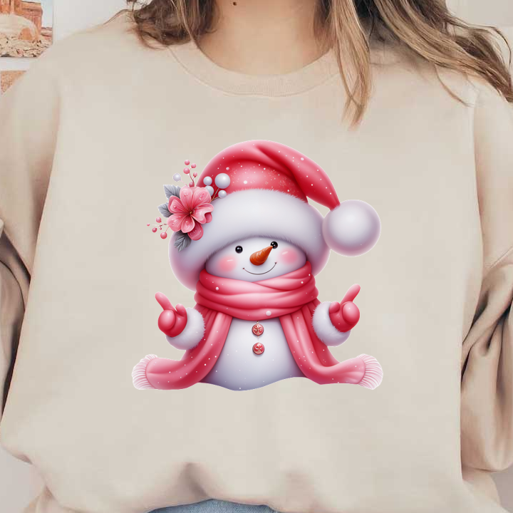 A cheerful snowman dressed in a pink hat and scarf, adorned with flowers, spreading festive joy with a big smile! heat press transfers