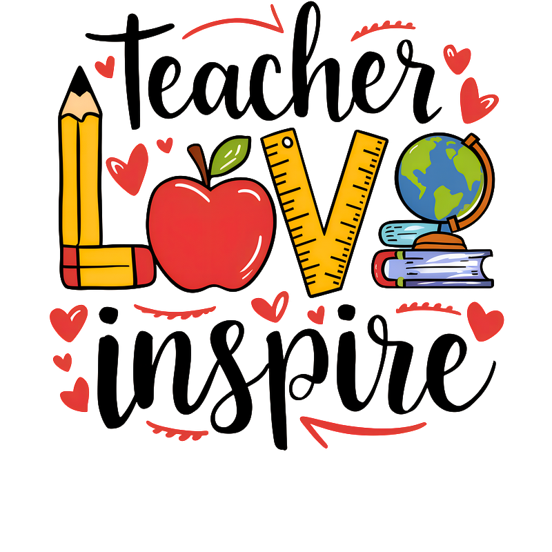 A vibrant graphic showcasing the words "Teacher Love Inspire" with playful illustrations of a pencil, apple, ruler, globe, and books.DTF Transfers