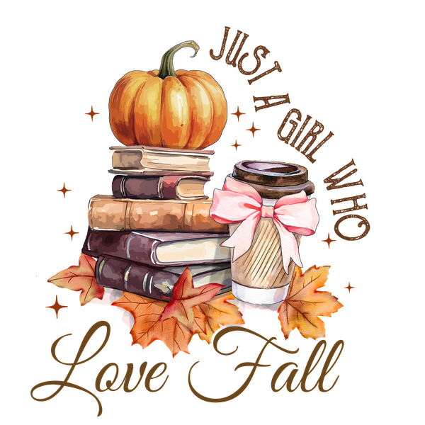 A cozy fall-themed illustration featuring a stack of books, a pumpkin, and a coffee cup, celebrating autumn love. dtf transfers