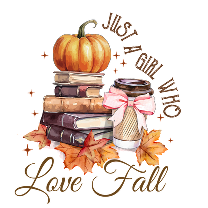 A cozy fall-themed illustration featuring a stack of books, a pumpkin, and a coffee cup, celebrating autumn love. dtf transfers