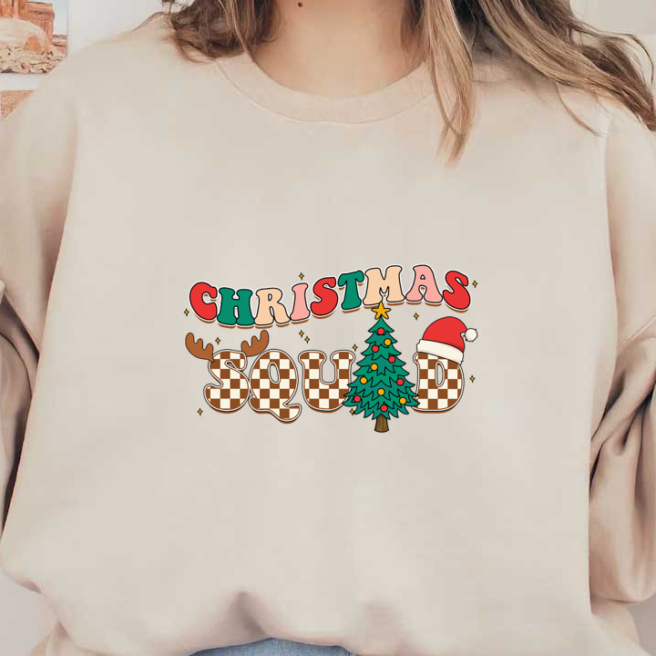 Festive “Christmas Squad” graphic featuring a decorated tree, Santa hat, and playful letters in bright colors and patterns. dtf prints