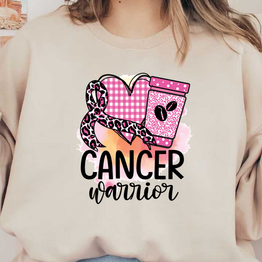 Un diseño colorido que presenta una cinta con estampado de leopardo, una taza de café rosa y la palabra "CÁNCER", que combina estilo con un mensaje de apoyo.