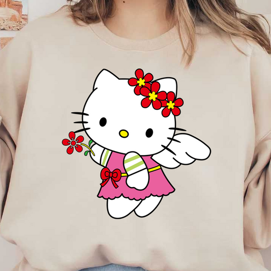 This charming illustration features Hello Kitty as a whimsical angel, adorned in a pink dress with floral accents and wings.DTF Transfers