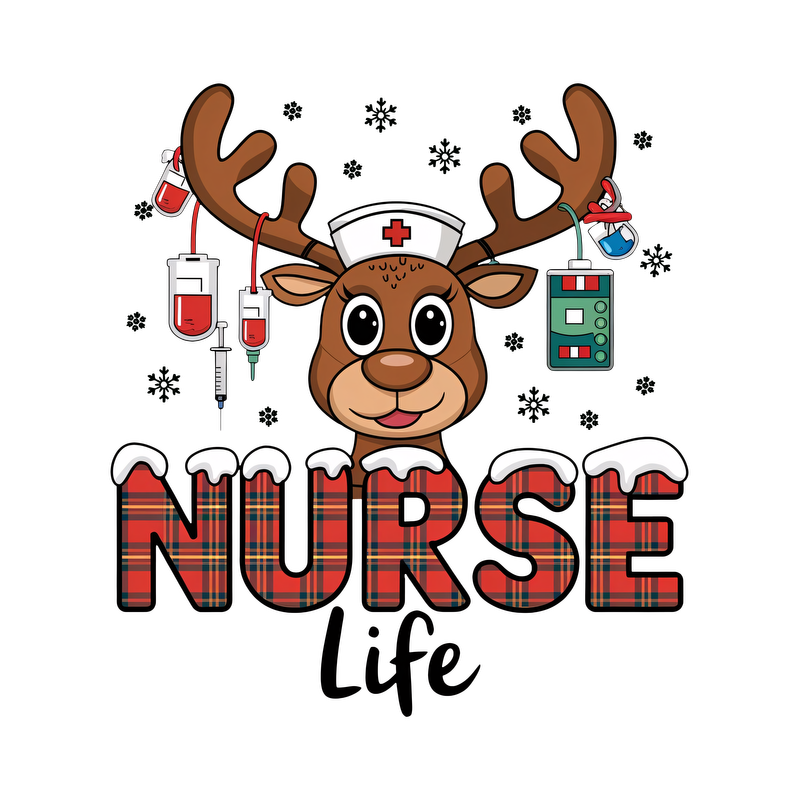 Celebrate the nursing profession with this cute reindeer graphic, featuring medical tools and a playful "NURSE Life" theme.DTF Transfers