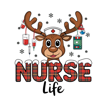 Celebrate the nursing profession with this cute reindeer graphic, featuring medical tools and a playful "NURSE Life" theme.DTF Transfers