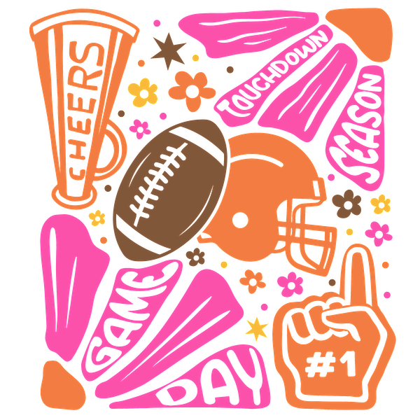 A vibrant collage celebrating game day, featuring a football, helmet, cheer items, and playful phrases in bright colors. dtf transfers