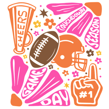 A vibrant collage celebrating game day, featuring a football, helmet, cheer items, and playful phrases in bright colors. dtf transfers