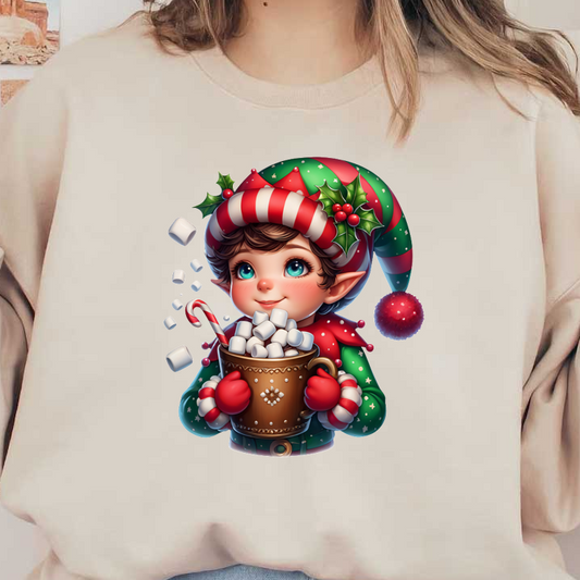 A cheerful elf in a festive outfit holds a cup of hot cocoa topped with marshmallows, surrounded by holiday cheer.DTF Transfers dtf prints