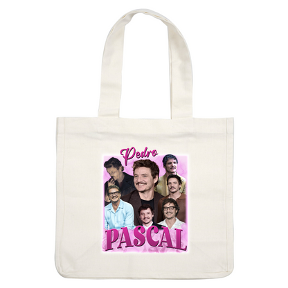 Un collage vibrante que presenta múltiples imágenes de Pedro Pascal, mostrando sus variados estilos y sonrisas encantadoras sobre un fondo rosa. Transferencias DTF