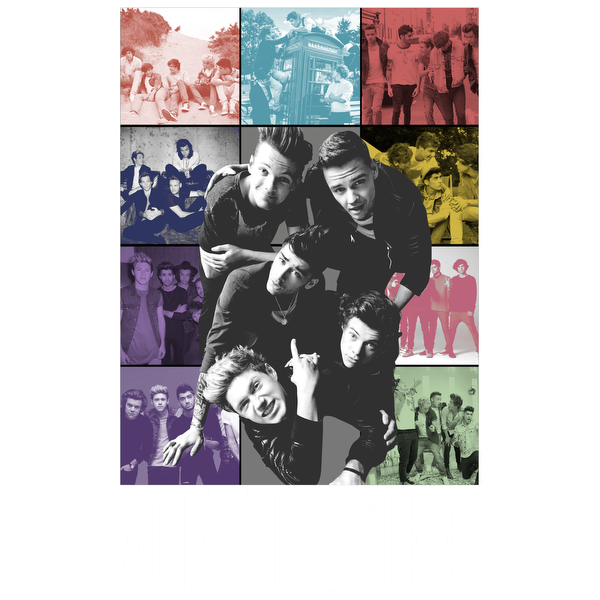 Un póster vibrante que presenta a la icónica banda de chicos One Direction, que muestra varias imágenes divertidas del grupo en un estilo de collage. Transferencias DTF