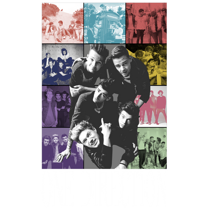 Un póster vibrante que presenta a la icónica banda de chicos One Direction, que muestra varias imágenes divertidas del grupo en un estilo de collage. Transferencias DTF