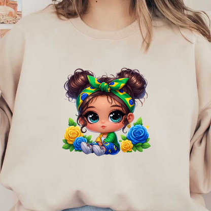 A cute cartoon girl with big eyes, styled hair, and a colorful headband, surrounded by vibrant blue and yellow flowers.DTF Transfers heat press transfersdtf regular iron