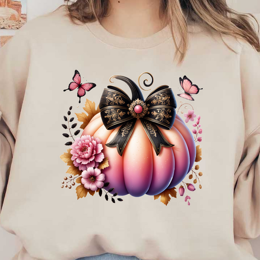 Una calabaza rosa bellamente diseñada adornada con una cinta negra ornamentada y rodeada de flores y mariposas vibrantes.