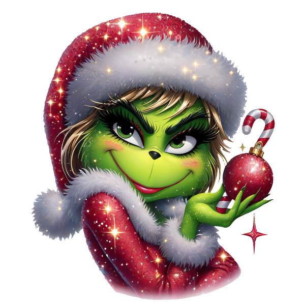 A playful, festive Grinch character in a sparkling red Santa outfit, holding a shiny ornament and a candy cane.DTF Transfersdtf regular iron