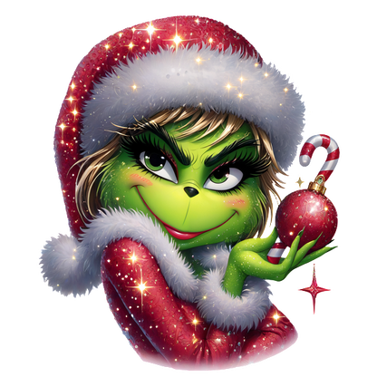 A playful, festive Grinch character in a sparkling red Santa outfit, holding a shiny ornament and a candy cane.DTF Transfersdtf regular iron