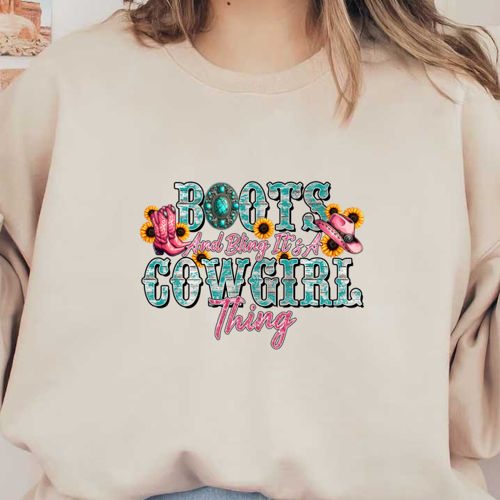 A vibrant design featuring cowboy boots and a pink hat, celebrating the fun spirit of cowgirl culture with flowers and bling. dtf prints