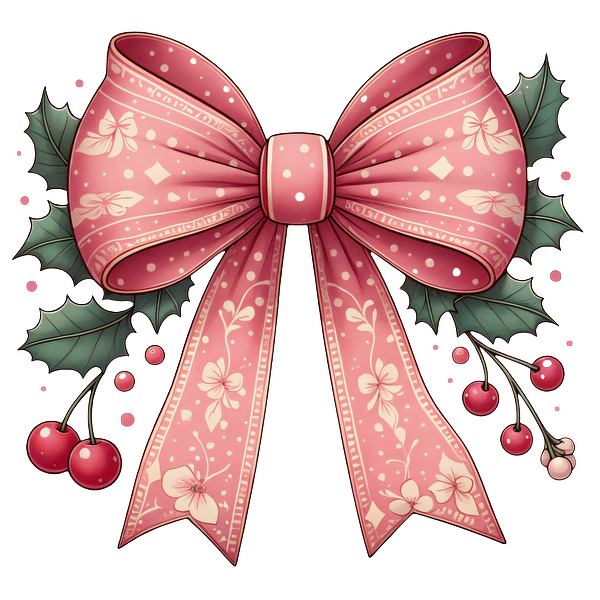 A charming pink decorative bow adorned with floral patterns and accompanied by holly leaves and berries, perfect for festive occasions. dtf transfers