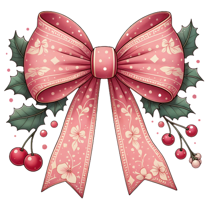 A charming pink decorative bow adorned with floral patterns and accompanied by holly leaves and berries, perfect for festive occasions. dtf transfers