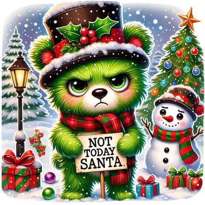 A grumpy green bear in a festive top hat and scarf holds a sign saying "NOT TODAY SANTA!" amidst a snowy holiday scene.DTF Transfers heat press transfers