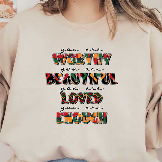 Obra de arte tipográfica inspiradora que te recuerda que eres digno, hermoso, amado y suficiente, con colores y patrones vibrantes.