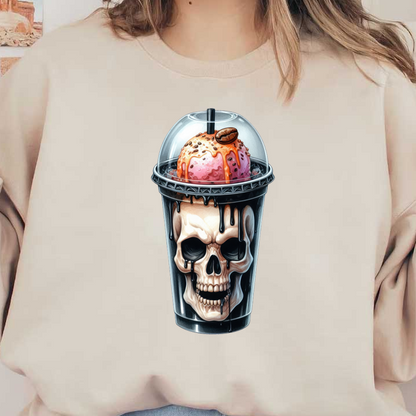 Una llamativa bebida helada con temática de calavera cubierta con helado rosa vibrante, jarabe de chocolate y una guarnición de granos de café.