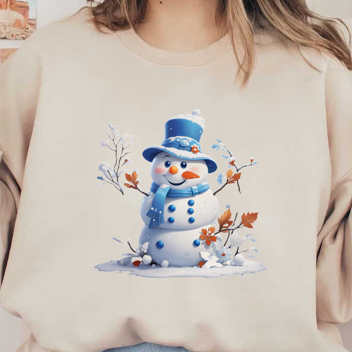 A cheerful snowman wearing a blue top hat and scarf, surrounded by colorful autumn leaves and white flowers.DTF Transfers dtf transfers