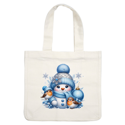 A cheerful snowman dressed in cozy blue attire, surrounded by two birds and festive decorations, radiates winter charm.DTF Transfersdtf regular iron